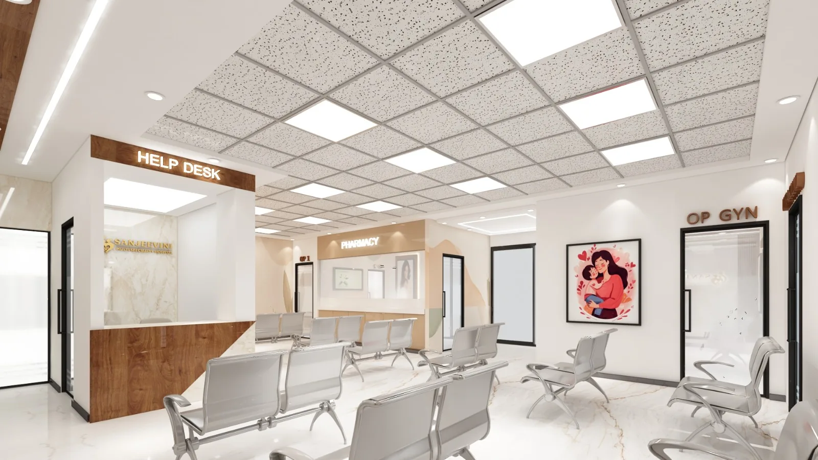 A help desk in timber beside the outpatient corridor and its waiting seats