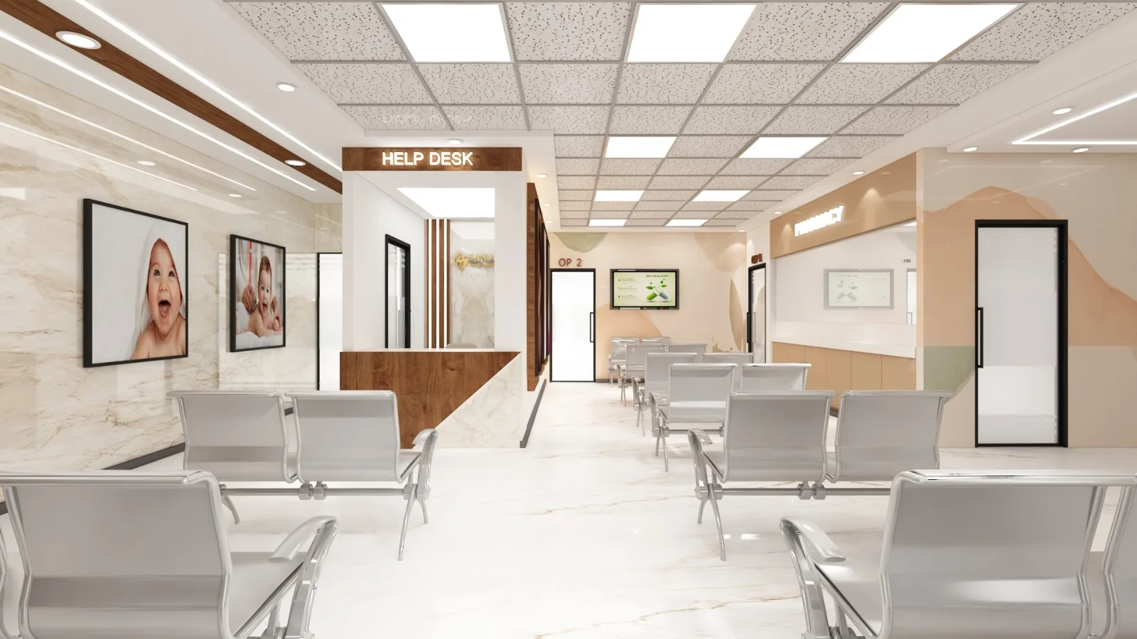 A hospital help desk in walnut with rows of waiting seats alongside