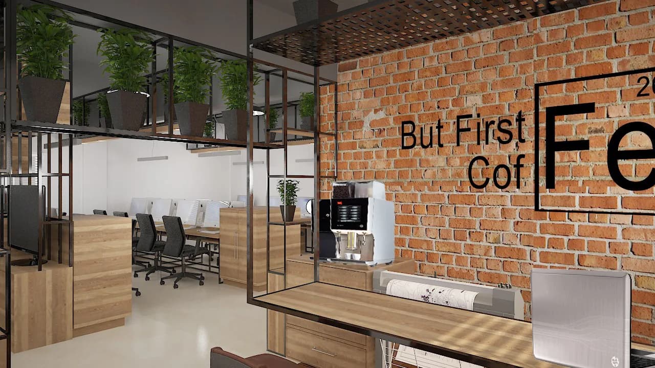 A pantry wall in exposed brick with a coffee machine, below a black steel frame hung with planting