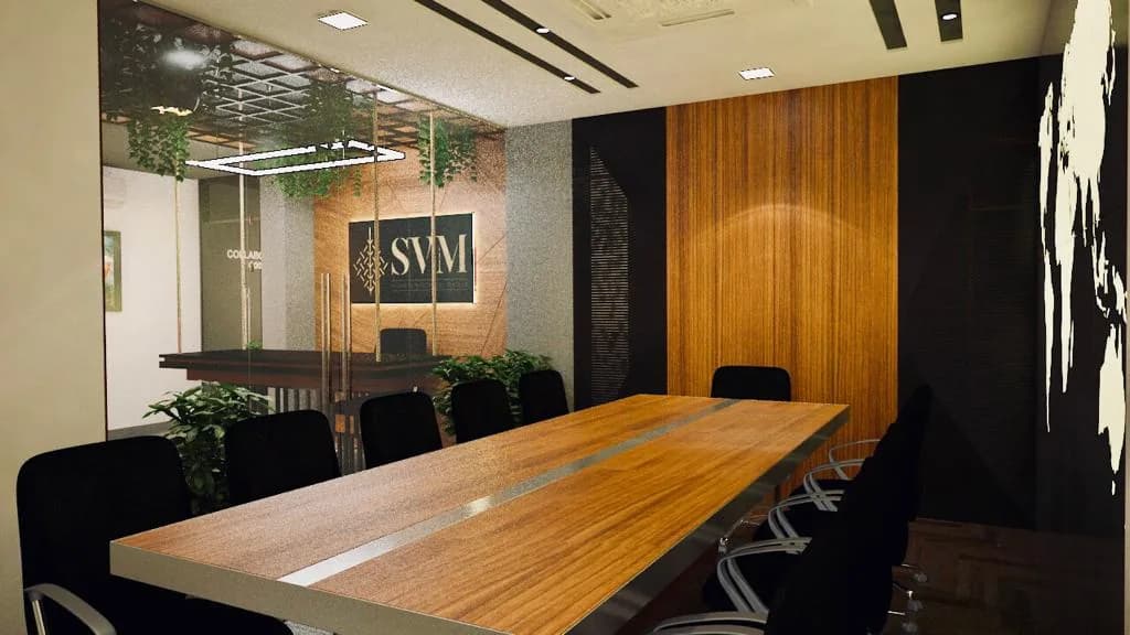 A boardroom with a long timber table under a linear pendant, timber-panelled walls