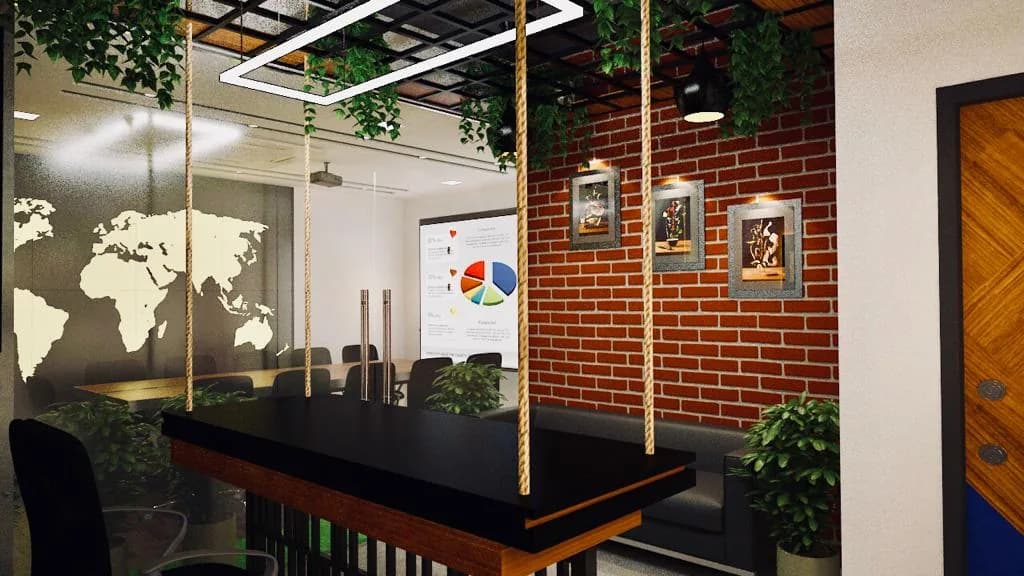 A meeting room with a dark table against exposed brick, planting trailing overhead
