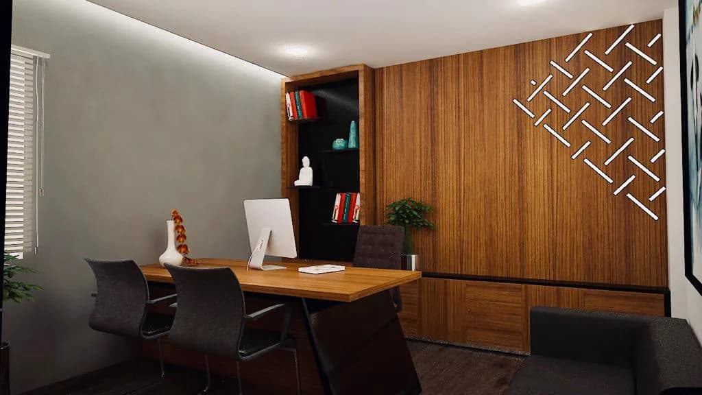 A desk in a timber-lined cabin with open shelving and a framed print