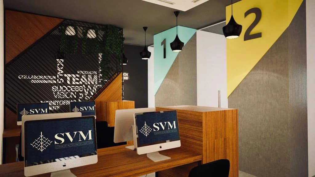 Workstations in timber against a colour-blocked wall numbered in large figures