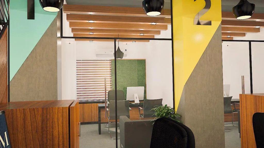 The office floor seen beyond a glazed partition, under a timber-battened ceiling