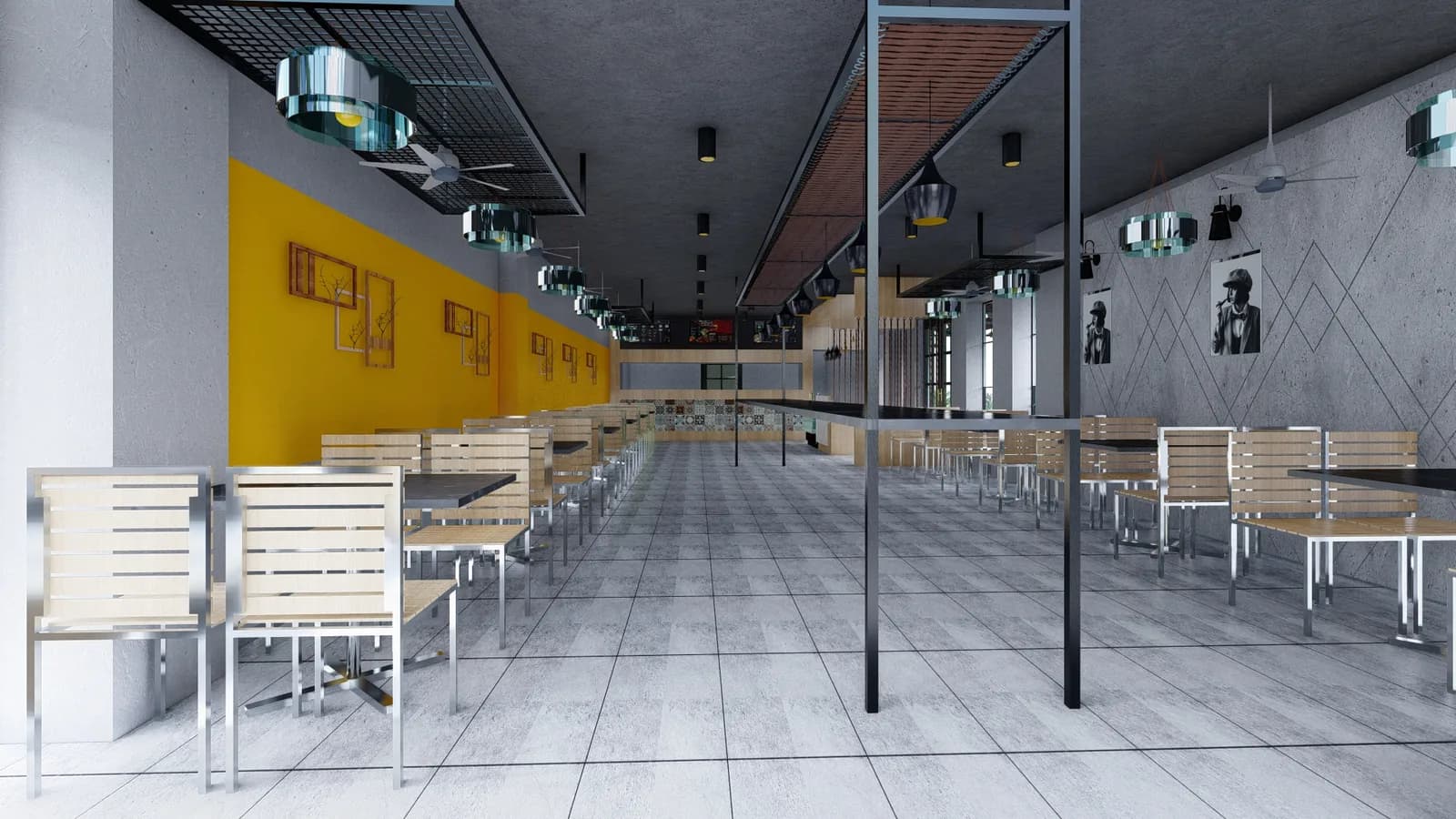 A long dining hall with bench seating beneath exposed services and a yellow wall
