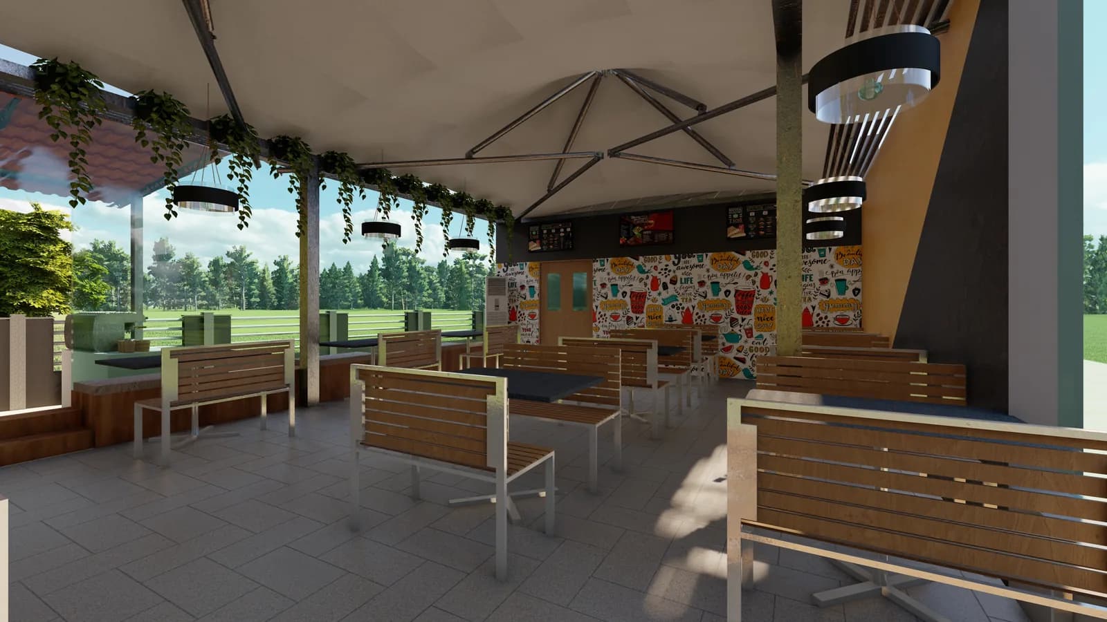 Covered terrace seating with timber benches under a tensile canopy