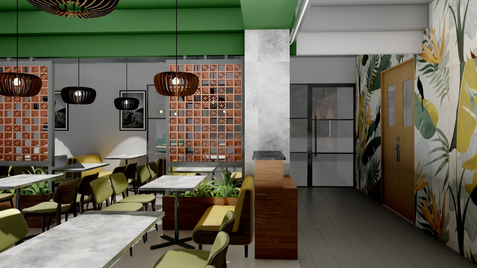 A dining area with a patterned tile wall, olive chairs and woven pendants