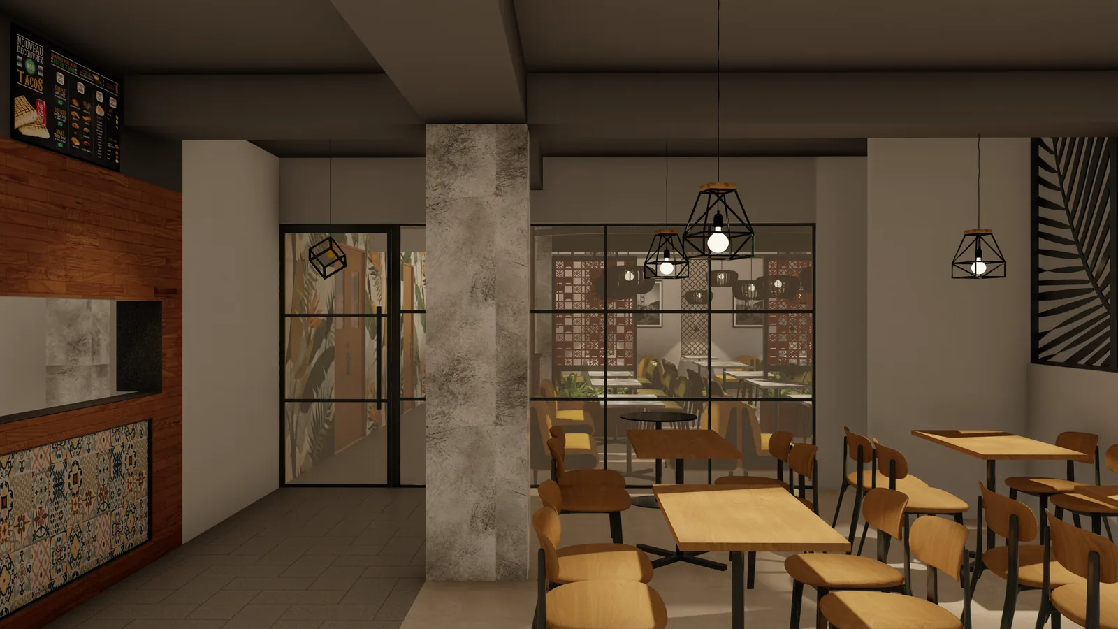 A dining area beside a concrete column, with a glazed screen and timber tables