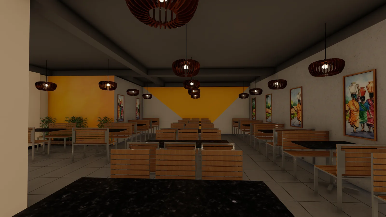 A dining hall with woven pendants hung above timber bench seating