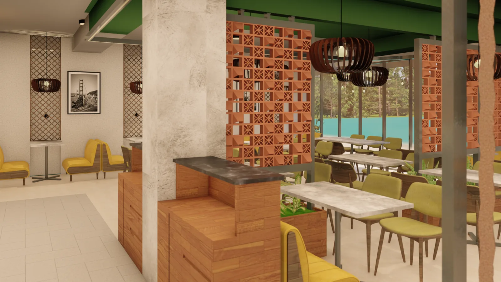 A service counter beside a patterned tile screen and olive banquette seating