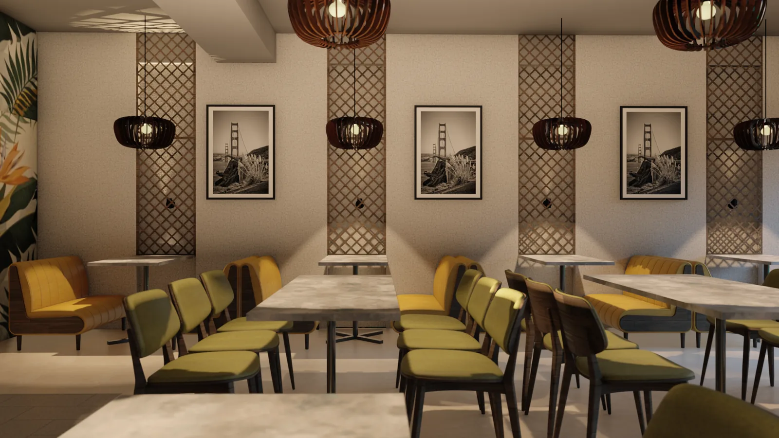 A dining room with framed prints along a trellised wall and olive chairs