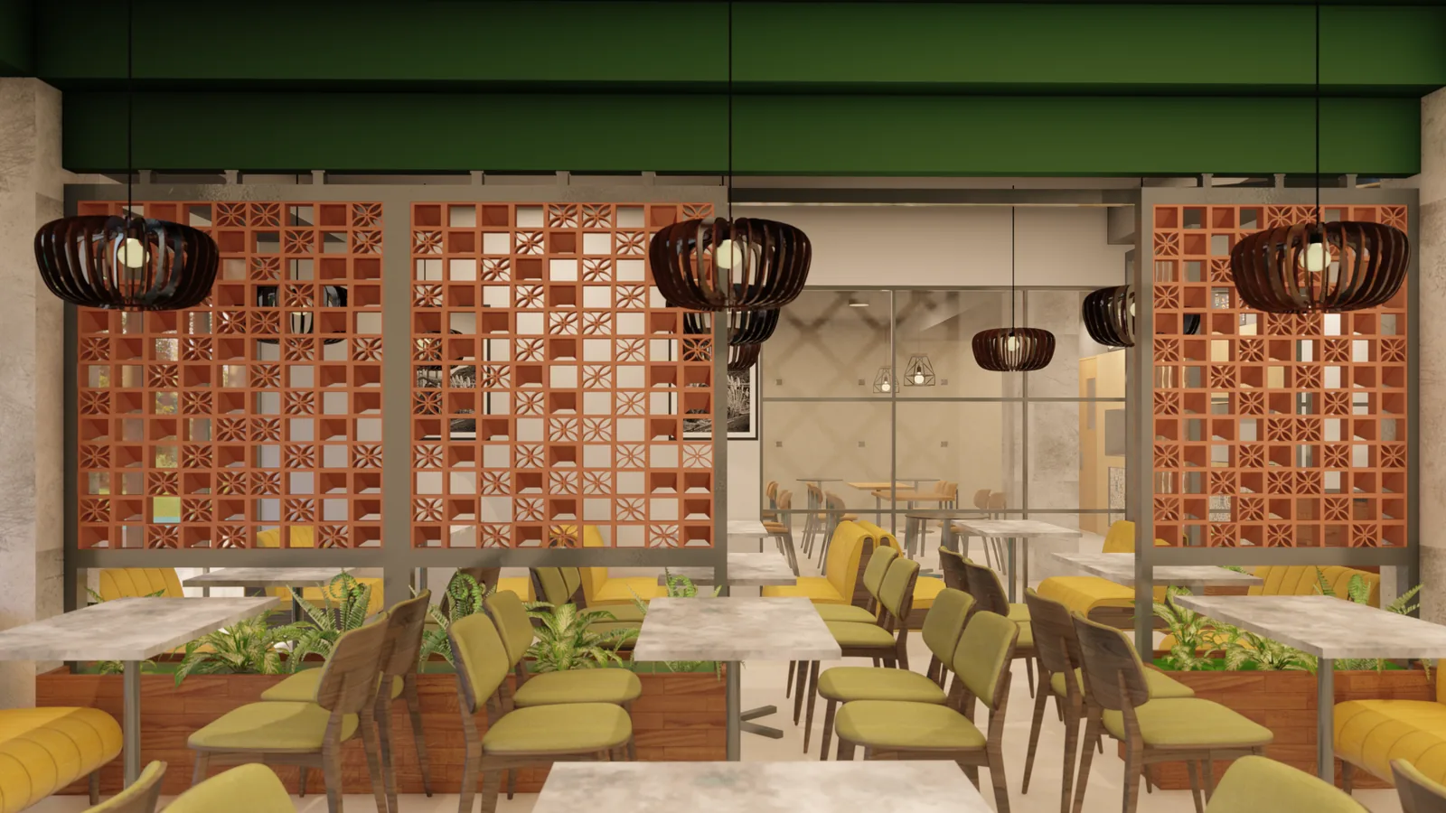 A dining room with a terracotta tile screen behind a run of planting