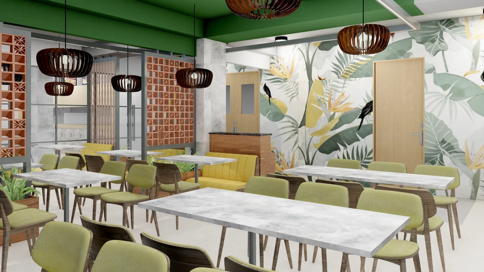 A dining room with a painted foliage mural and marble-topped tables