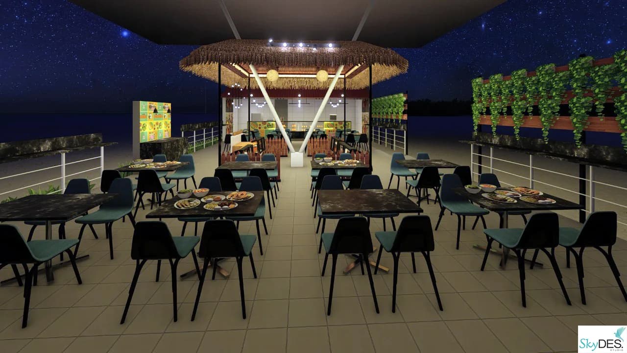 A roof terrace laid out for dining at night beneath a lit canopy