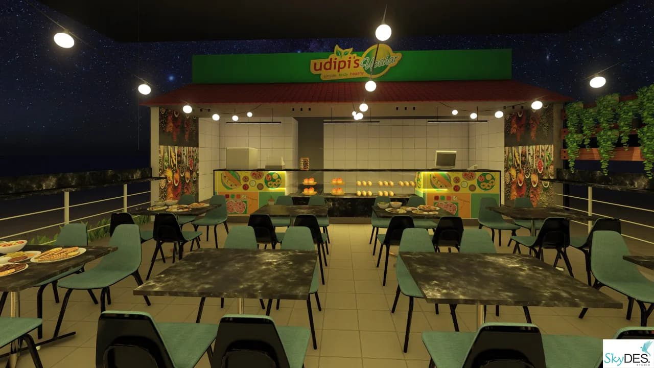 A roof terrace servery beneath the restaurant sign, with green chairs